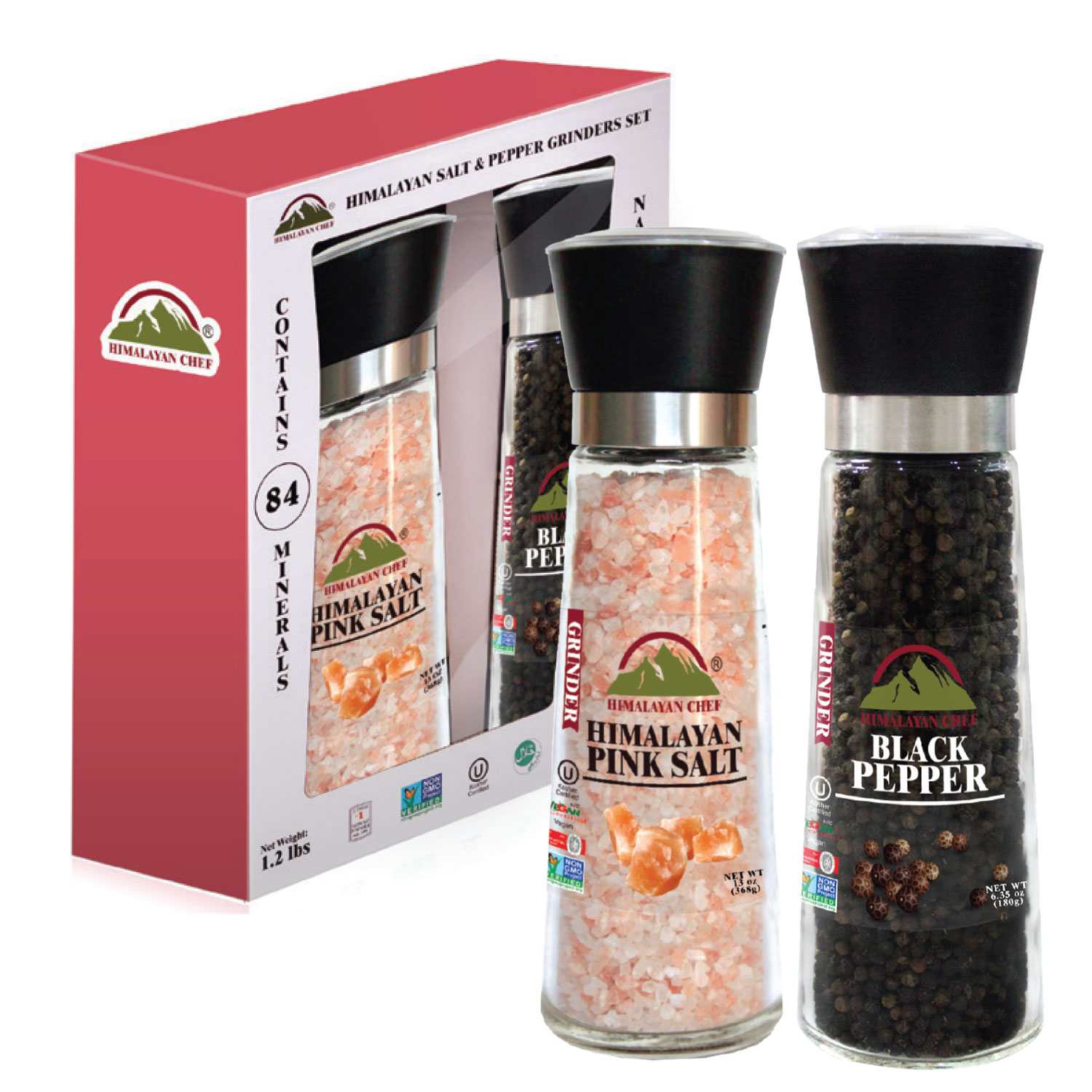 Willow & Everett Salt and Pepper Shakers & 1 Kg Himalayan Pink Salt Set -  Stainless Steel Refillable Grinders w/Kosher Rock Salt for Cooking