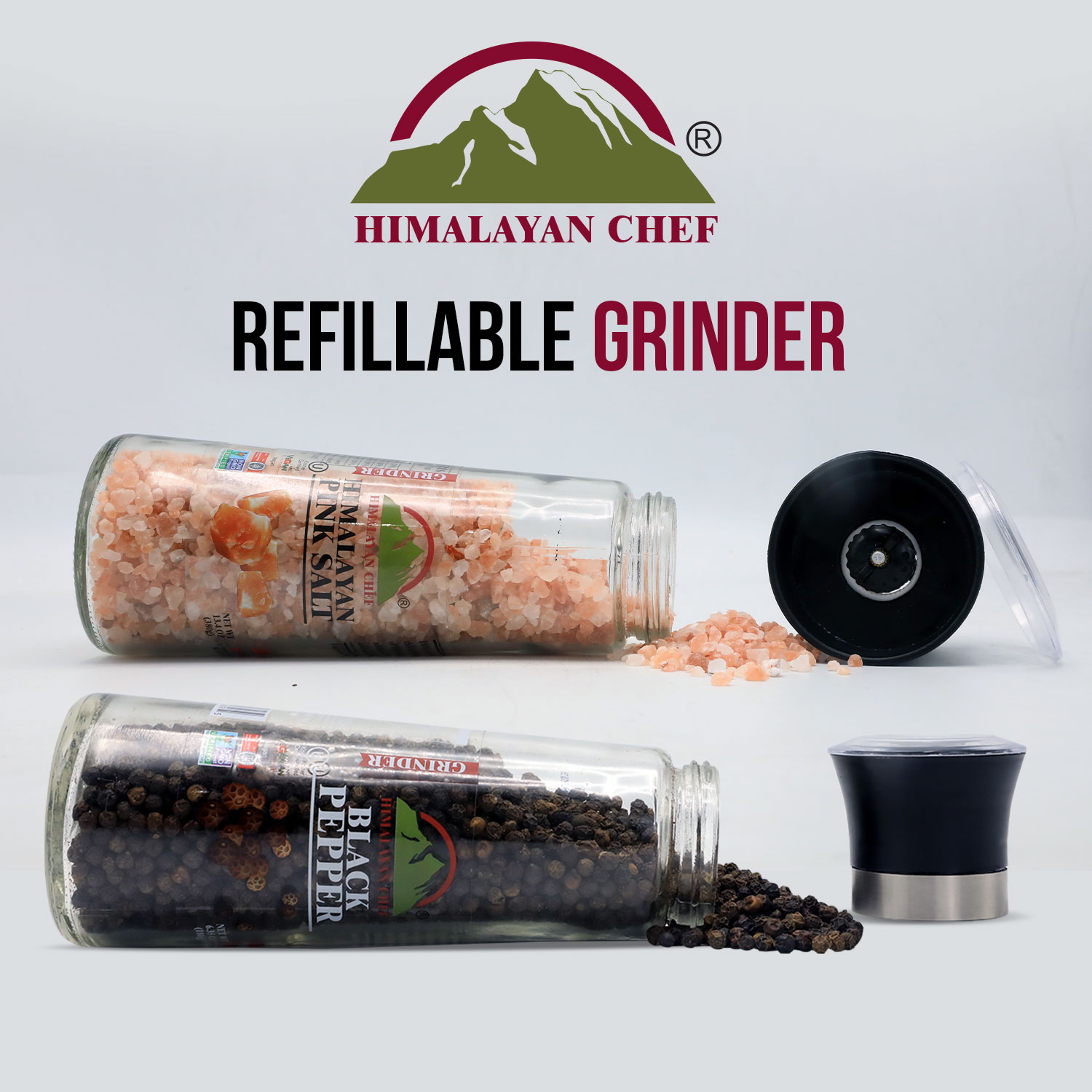 Himalayan Chef Himalayan Pink Salt & Black Pepper, Refillable Small Glass  Grinder, Set of 2, 2 Count - Kroger